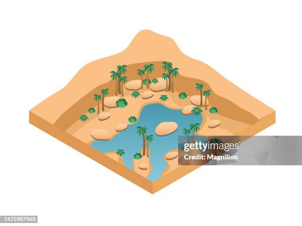 stockillustraties, clipart, cartoons en iconen met oasis, desert mirage isometric vector - sand dune