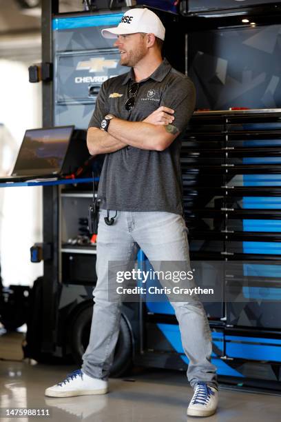 Trackhouse Racing team co-owner Justin Marks looks on in the garage area during practice for the NASCAR Cup Series EchoPark Automotive Grand Prix at...