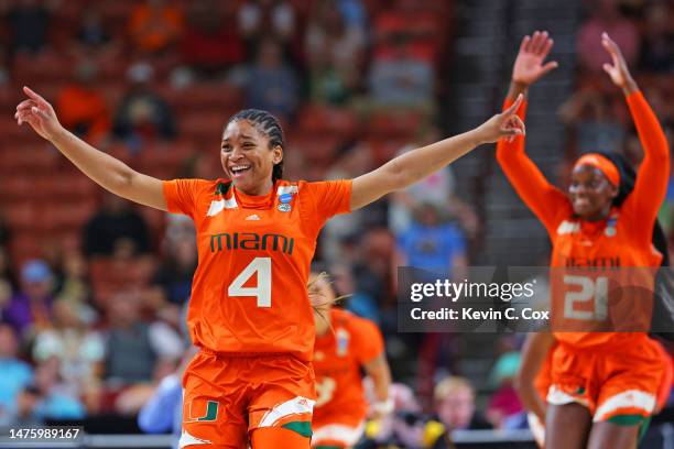 Jasmyne Roberts of the Miami Hurricanes celebrates after the Miami Hurricanes beat the Villanova Wildcats 70-65 in the Sweet 16 round of the NCAA...