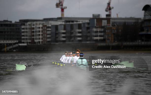 Members of the Cambridge University Women's Team are seen on the water during Tideway Week ahead of The Gemini Boat Race 2023 on March 23, 2023 in...