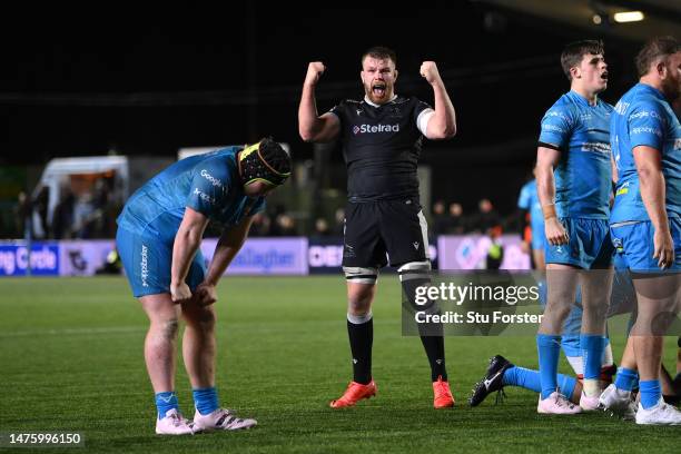 Callum Chick of Newcastle Falcons celebrates as players of Gloucester Rugby look dejected during the Gallagher Premiership Rugby match between...