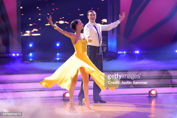 Timon Krause and Ekaterina Leonova dance on stage during the fifth "Let's Dance" show at MMC Studios on March 24, 2023 in Cologne, Germany.