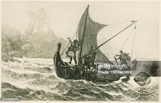 ilustraciones, imágenes clip art, dibujos animados e iconos de stock de la odisea - ulises y sus hombres escapando del grabado polifemo 1894 - ulises