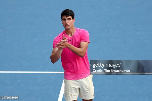 Carlos Alcaraz of Spain reacts after defeating Facundo Bagnis of Argentina during the Miami Open held at Hard Rock Stadium on March 24, 2023 in Miami...