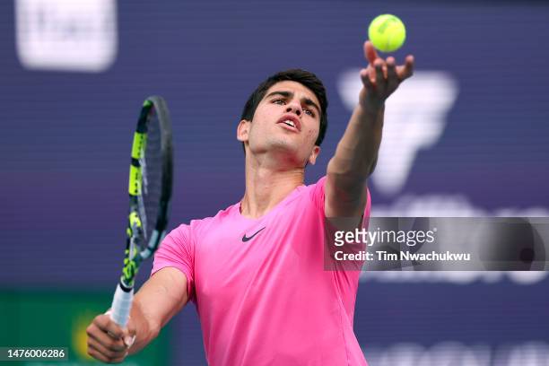 Carlos Alcaraz of Spain serves during a match against Facundo Bagnis of Argentina during the Miami Open held at Hard Rock Stadium on March 24, 2023...