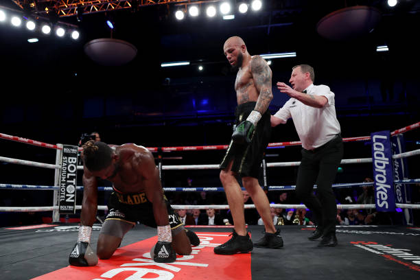 Lyndon Arthur looks on after knocking down Boris Crighton during the Light Heavyweight Title fight between Lyndon Arthur and Boris Crighton at...