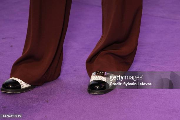 Clotilde Hesme, shoe detail, attends the closing ceremony during the Series Mania Festival 2023 on March 24, 2023 in Lille, France.