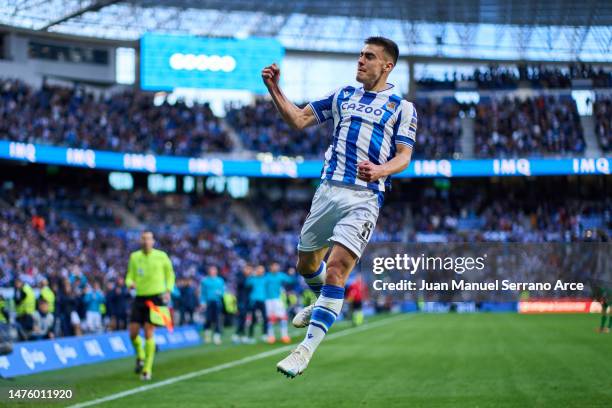 Ander Barrenetxea of Real Sociedad celebrates after scoring the team's second goal during the LaLiga Santander match between Real Sociedad and Elche...