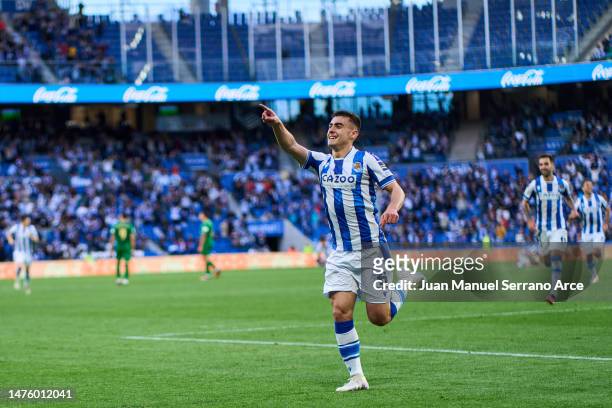 Ander Barrenetxea of Real Sociedad celebrates after scoring the team's second goal during the LaLiga Santander match between Real Sociedad and Elche...