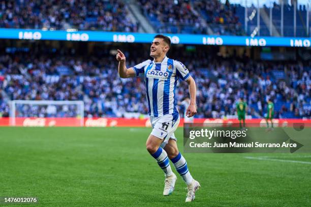 Ander Barrenetxea of Real Sociedad celebrates after scoring the team's second goal during the LaLiga Santander match between Real Sociedad and Elche...