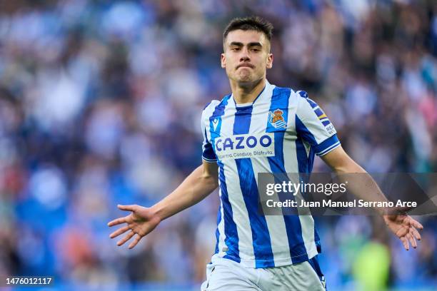 Ander Barrenetxea of Real Sociedad celebrates after scoring the team's second goal during the LaLiga Santander match between Real Sociedad and Elche...