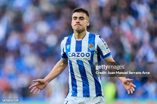 Ander Barrenetxea of Real Sociedad celebrates after scoring the team's second goal during the LaLiga Santander match between Real Sociedad and Elche...