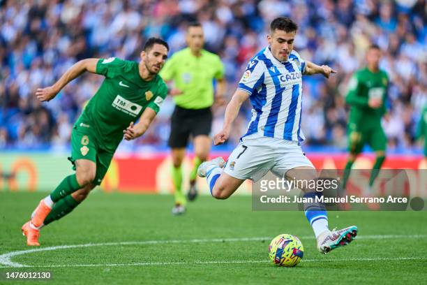 Ander Barrenetxea of Real Sociedad scoring the team's second goal during the LaLiga Santander match between Real Sociedad and Elche CF at Reale Arena...