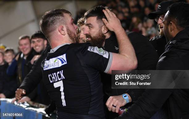 Falcons player Callum Chick is congratulated by Gary Graham after the Gallagher Premiership Rugby match between Newcastle Falcons and Gloucester...