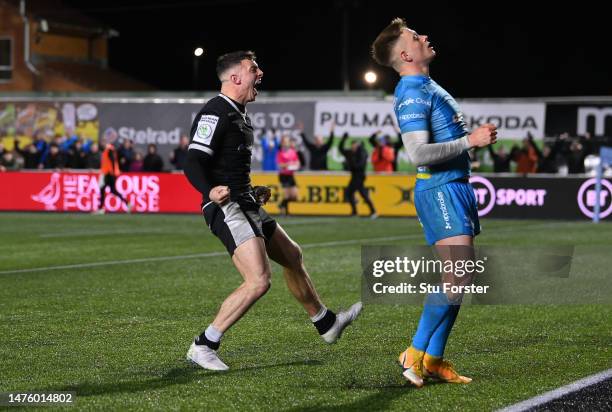 Falcons wing Adam Radwan celebrates as Gloucester Scrum half Stephen Varney reacts after the Gallagher Premiership Rugby match between Newcastle...