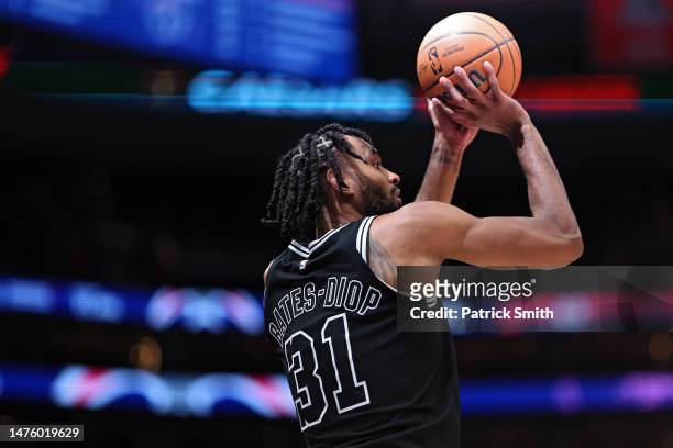 Keita Bates-Diop of the San Antonio Spurs shoots against the Washington Wizards during the first half at Capital One Arena on March 24, 2023 in...