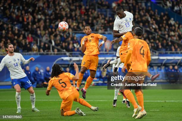 Ibrahima Konate of France misses a chance during the UEFA EURO 2024 qualifying round group B match between France and Netherlands at Stade de France...