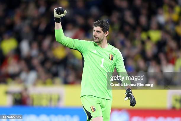 Thibaut Courtois of Belgium celebrates after teammate Romelu Lukaku scored the team's third goal during the UEFA EURO 2024 qualifying round group F...