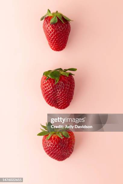 three fresh strawberries in a row on pink background with room for text - fragola foto e immagini stock