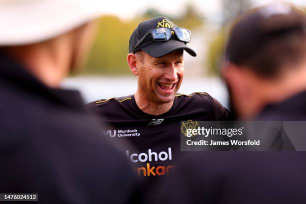 Adam Voges shares a laugh with the team before day 3 of the Sheffield Shield Final match between Western Australia and Victoria at WACA, on March 25...
