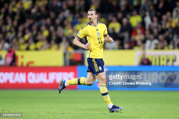 Zlatan Ibrahimovic of Sweden in action during the UEFA EURO 2024 qualifying round group F match between Sweden and Belgium at Friends Arena on March...