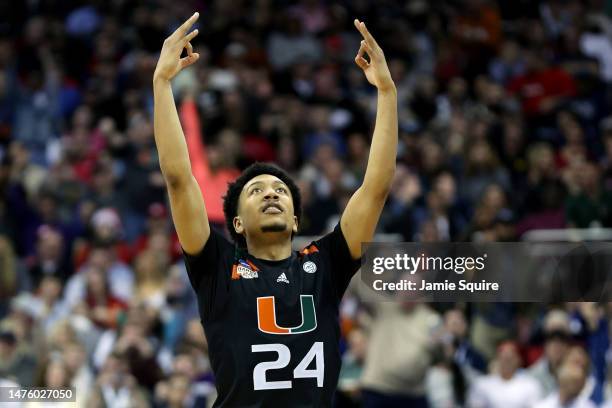 Nijel Pack of the Miami Hurricanes celebrates after a three-point basket against the Houston Cougars during the second half in the Sweet 16 round of...