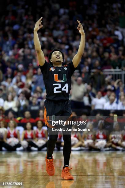 Nijel Pack of the Miami Hurricanes celebrates after a three-point basket against the Houston Cougars during the second half in the Sweet 16 round of...