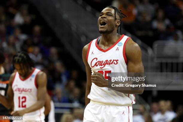 Jarace Walker of the Houston Cougars reacts to a play against the Miami Hurricanes during the second half in the Sweet 16 round of the NCAA Men's...