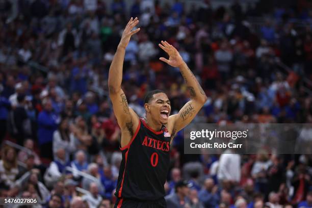 Keshad Johnson of the San Diego State Aztecs celebrates after defeating Alabama Crimson Tide, 71-64, during the second half in the Sweet 16 round of...