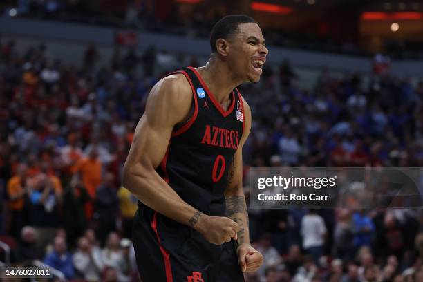 Keshad Johnson of the San Diego State Aztecs celebrates after defeating Alabama Crimson Tide, 71-64, during the second half in the Sweet 16 round of...