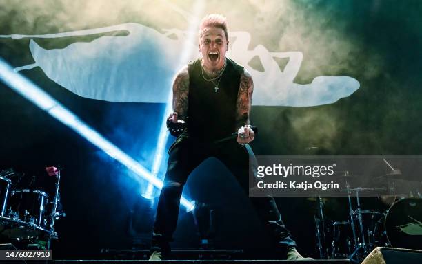 Jacoby Shaddix of Papa Roach performs at Utilita Arena Birmingham on March 24, 2023 in Birmingham, England.