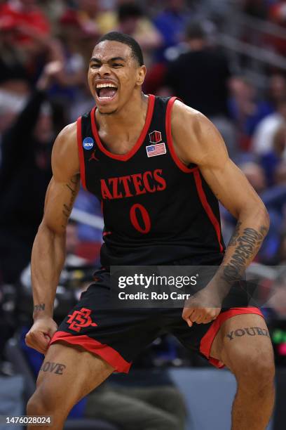 Keshad Johnson of the San Diego State Aztecs celebrates after defeating Alabama Crimson Tide, 71-64, during the second half in the Sweet 16 round of...