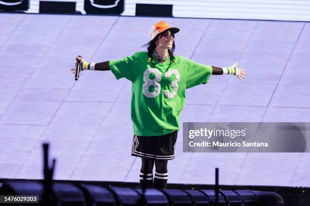 Billie Eilish performs live on stage during day one of Lollapalooza Brazil at Autodromo de Interlagos on March 24, 2023 in Sao Paulo, Brazil.