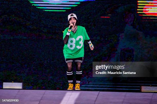 Billie Eilish performs live on stage during day one of Lollapalooza Brazil at Autodromo de Interlagos on March 24, 2023 in Sao Paulo, Brazil.