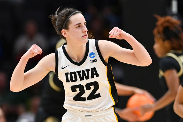 Caitlin Clark of the Iowa Hawkeyes reacts during the fourth quarter of the game against the Colorado Buffaloes in the Sweet 16 round of the NCAA...