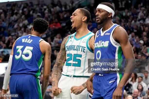 Washington of the Charlotte Hornets celebrates during the first half against the Dallas Mavericks at American Airlines Center on March 24, 2023 in...