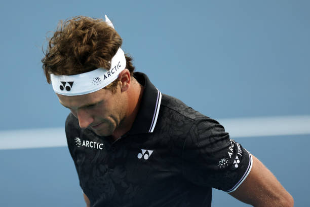 Casper Ruud of Norway reacts during a match against Ilya Ivashka during the Miami Open held at Hard Rock Stadium on March 24, 2023 in Miami Gardens,...