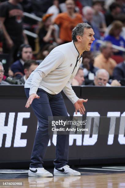 Head coach Mitch Henderson of the Princeton Tigers reacts during the first half in the Sweet 16 round of the NCAA Men's Basketball Tournament at KFC...
