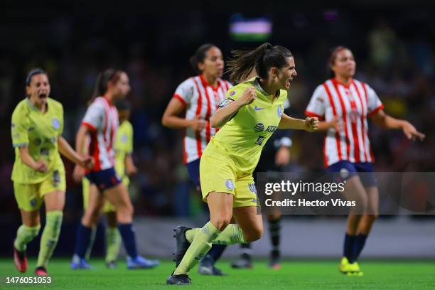 Andrea Pereira of America celebrates after scoring the team's second goal during the 11th round match between America and Chivas as part of the...