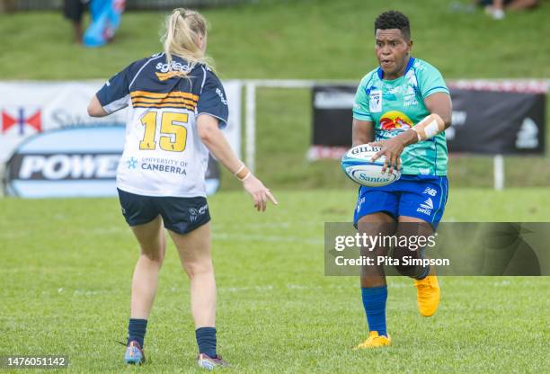 Lavenia Tinai of Fijiana Drua runs with the ball during the Super W match between Fijian Drua and ACT Brumbies Women at Prince Charles Park, on March...