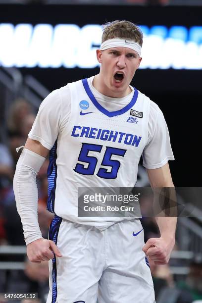 Baylor Scheierman of the Creighton Bluejays reacts during the first half in the Sweet 16 round of the NCAA Men's Basketball Tournament at KFC YUM!...