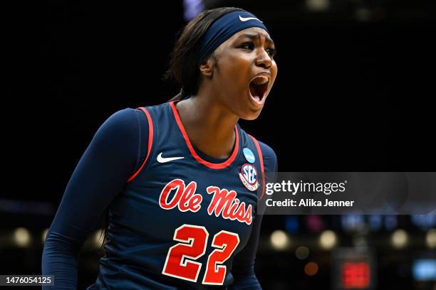 Tyia Singleton of the Ole Miss Rebels reacts during the third quarter of the game against the Louisville Cardinals in the Sweet 16 round of the NCAA...