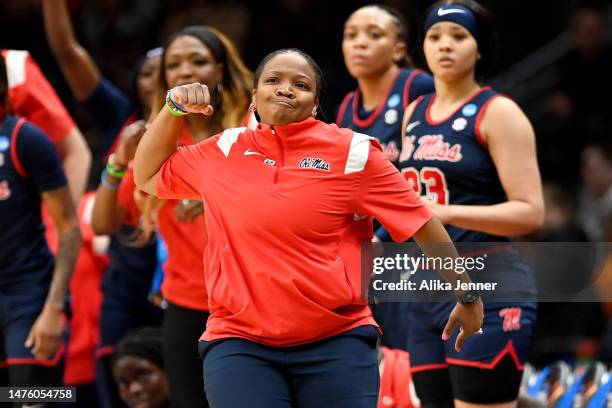 Head coach Yolett McPhee-McCuin of the Ole Miss Rebels reacts during the second quarter of the game against the Louisville Cardinals in the Sweet 16...