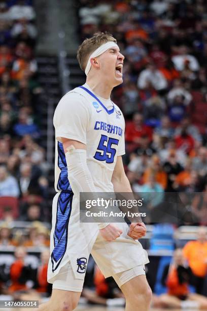 Baylor Scheierman of the Creighton Bluejays reacts during the second half in the Sweet 16 round of the NCAA Men's Basketball Tournament at KFC YUM!...