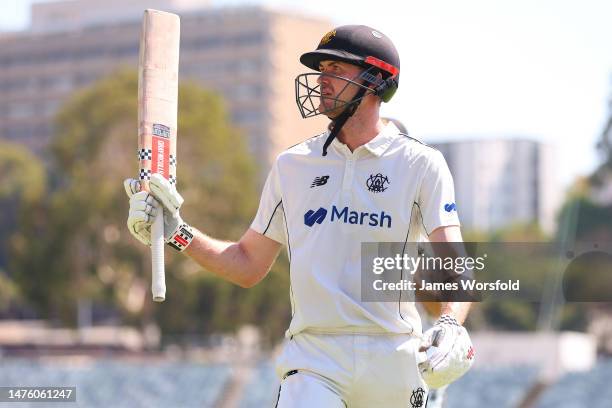 Ashton Turner of Western Australia acknoladges the crowd as walks off the ground for the lunch break during the Sheffield Shield Final match between...