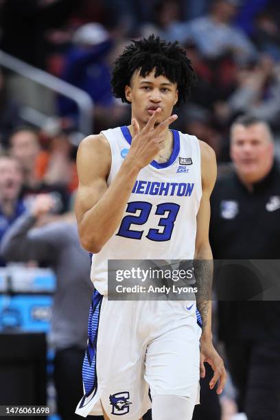 Trey Alexander of the Creighton Bluejays celebrates as he signals a three pointer against the Princeton Tigers during the second half in the Sweet 16...