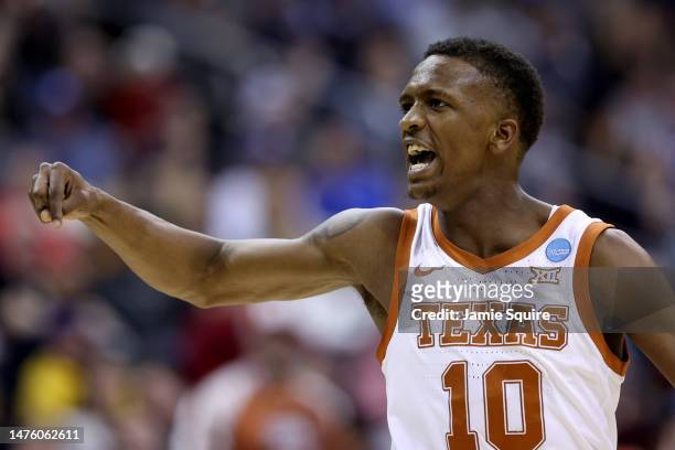 Sir'Jabari Rice of the Texas Longhorns reacts to a play against the Xavier Musketeers during the first half in the Sweet 16 round of the NCAA Men's...