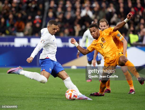 Kylian Mbappe of France, Jurrien Timber of Netherlands during the UEFA EURO 2024 qualifying round group B match between France and Netherlands at...