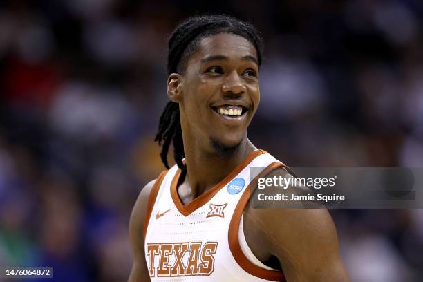 Marcus Carr of the Texas Longhorns reacts to a play against the Xavier Musketeers during the second half in the Sweet 16 round of the NCAA Men's...