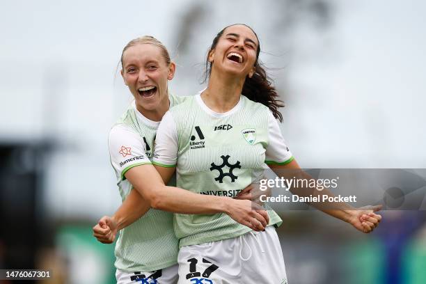 Vesna Milivojevic of Canberra United celebrates scoring a goal during the round 19 A-League Women's match between Western United and Canberra United...